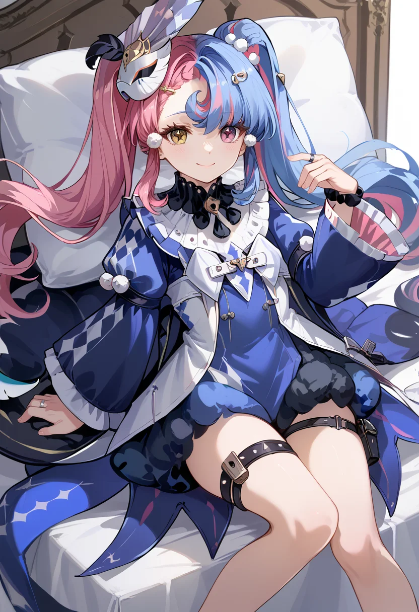 score_9_up,score_8_up,score_7_up,<lora:luokeke_v0.9_pony-000052:1>,
solo,1girl,
(WW)_Lkk,pink eyes,blue hair,yellow eyes,twintails,heterochromia,symbol-shaped pupils,striped hair,pink hair,hair ornament,
blue dress,long sleeves,puffy sleeves,jewelry,thigh strap,ring,
white_background,simple_background,closed mouth,smile,indoor,bedroom,bed,lying,on back