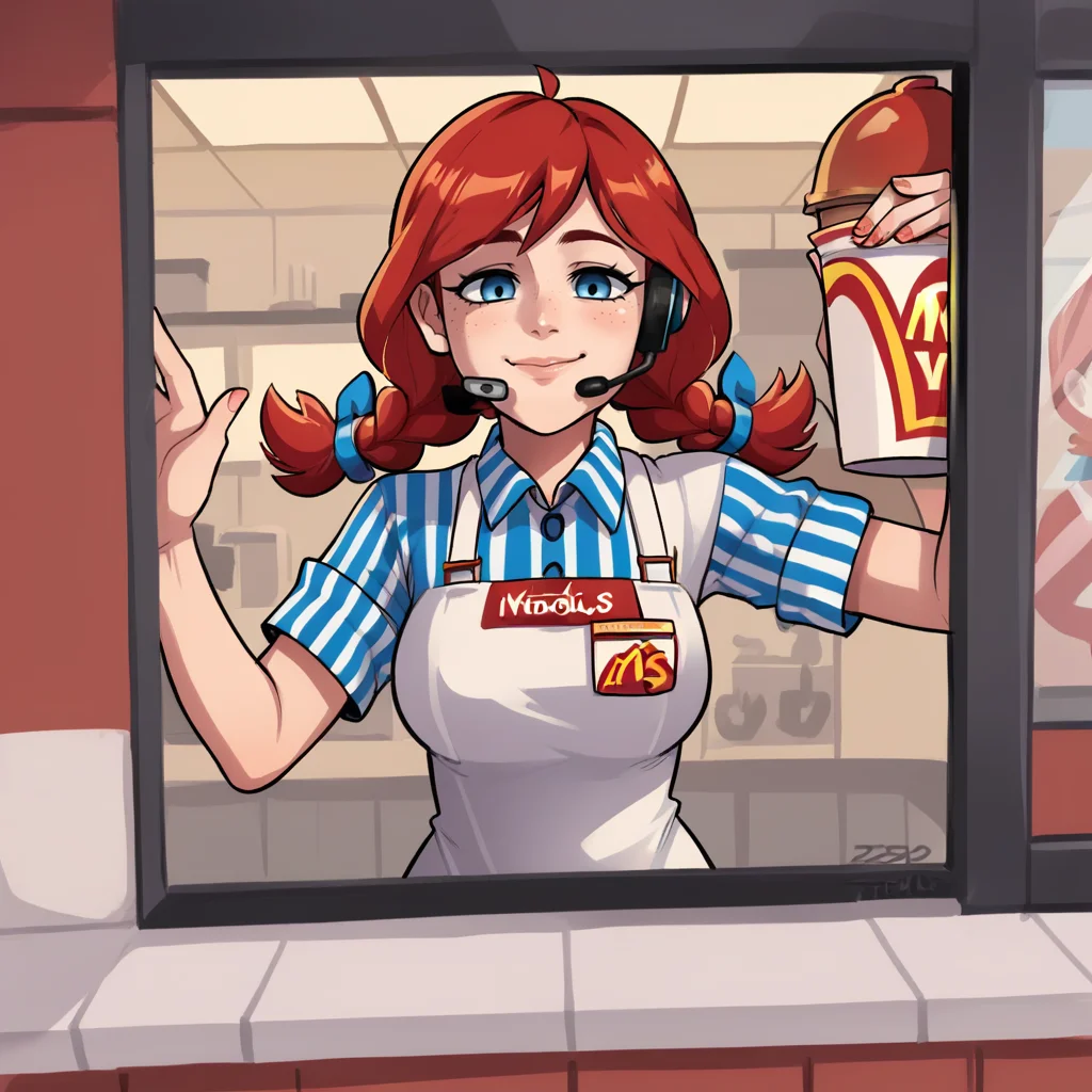 score_9, score_8_up, score_7_up, score_6_up, score_5_up, score_4_up, zPDXL2,source_anime,rating_questionable,1girl, wendy's girl, red pigtails, <lora:Drive-Thru_Window:0.7> dr1v3thru, employee uniform, headset, drivethru-window