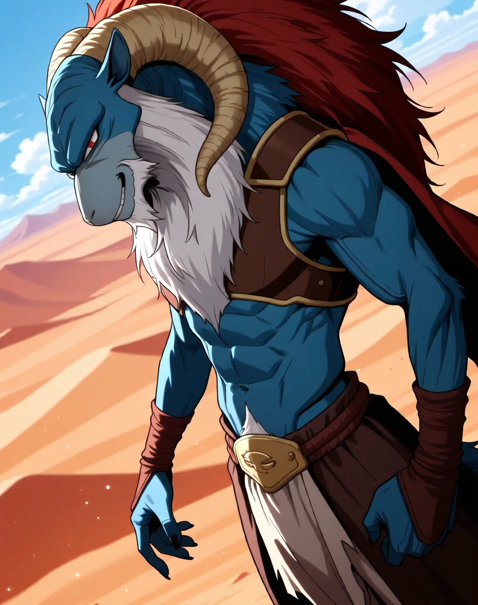 <lora:Moro_1st_Form_(Dragonball_Z)_(Illustrious)_(AD):1.5> Moro, muscular, goat,
dutch angle, exterior, desert, sky with detailed clouds,
male focus, gradient coloring, solo, cowboy shot, bent leg, perfect proportions, goat head, blue body, soft shading, evil smirk, old, aged up, frail, wrinkles, long white beard, thin waist,
BREAK very awe, aesthetically pleasing, masterpiece, best quality, amazing quality, very aesthetic, perfect depth of field shot, in'ei, furry_art, source_furry, source_anime,
EZRealPONYXL, zPDXL, Smooth Quality, lazympos, IllustQualXL_Pos,