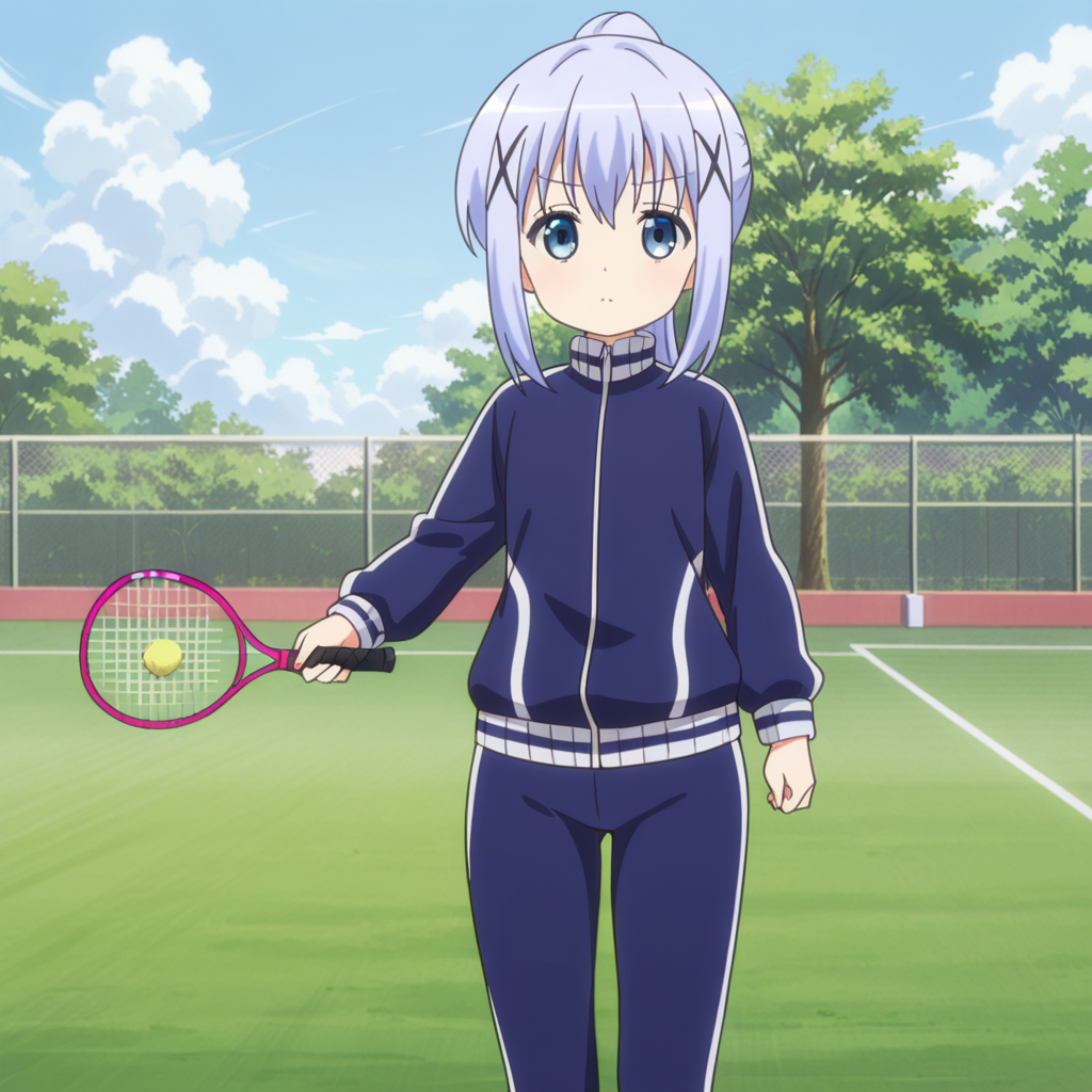 nsfw, masterpiece, best quality, amazing quality, 1girl, solo, is_the_order_a_rabbit_chino_kafu, x hair ornament, blue eyes, light blue hair, track jacket, long hair, jacket, blue pants, tree, holding, sidelocks, day, long sleeves, bangs, tennis racket, tennis court, looking at viewer, cloud, outdoors, sky, <lora:Chino_Kafu_-_Is_the_Order_a_Rabbit:0.7>