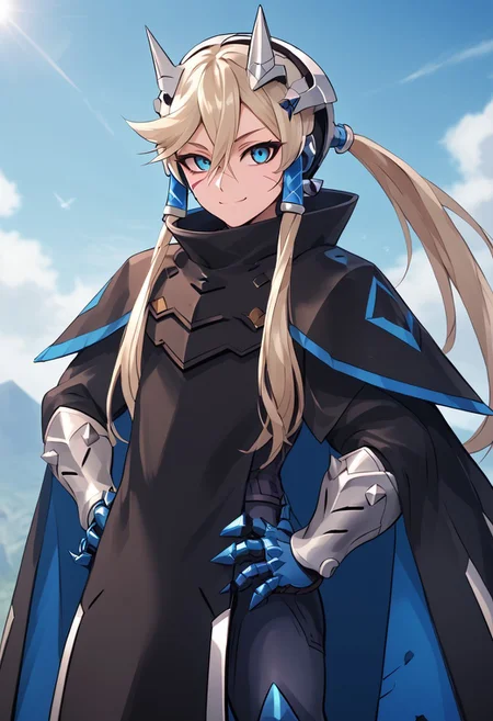 score_4,score_5,score_6,score_7_up,score_8_up,score_9 ((masterpiece,best quality,ultra detailed,highres,HD,4k:1.2)),
1 girl, solo, long hair, ponytail, blue eyes, sharp eyes, slanted eyes, hair tube, hair between eyes,facial scar, bangs, headgear,
cape, cloak, armor, spikes, gauntlets,
standing,hand on hip,
smile,