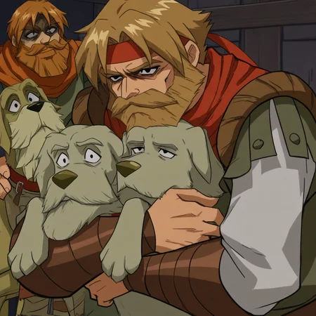 masterpiece, best quality, newest, absurdres, highres, vintage anime, 90s anime, DDstyle, official style, black eyes, shaded eyes, DDHM-V1.0, beard, facial hair, leather armor, dog, hound, mustache, headband, hugg, hugging, hugging dog, hugging pet, hugging animals