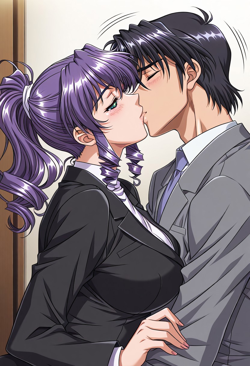 masterpiece, best quality, newest, highres, uncensored, 1girl, yokota mamoru style,motion lines,1girl,Sasazuka Kyou,Blue hair, Ringlet, Wavy hair,Brown eyes,Big Breasts,Pale, Slim,1girl, 1boy, kiss, hetero, closed eyes, purple hair, ponytail, blush, couple, black hair boy, formal, suit