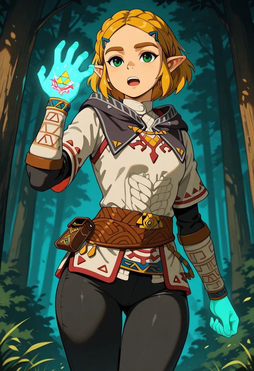 masterpiece, best quality, amazing quality BREAK zelda1x, tunic, leggings, shyai_fin, hand up, glowing hand, triforce hand tattoo, open mouth, forest, print gloves, <lora:Zelda:1>