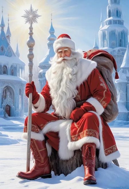 masterpiece, best quality, oil painting, DedMoroz, 1boy, stern face of an old man, thick eyebrows, kind eyes, long beard, sitting on stump, large canvas bag with gifts at his feet, (red high boots:1.5), frozen, ice, magic staff, ice palace in the background, snow, frost and sun, wonderful day, ultradetailed, <lora:DedMoroz:1>, <lora:add-detail-xl:0.9>
