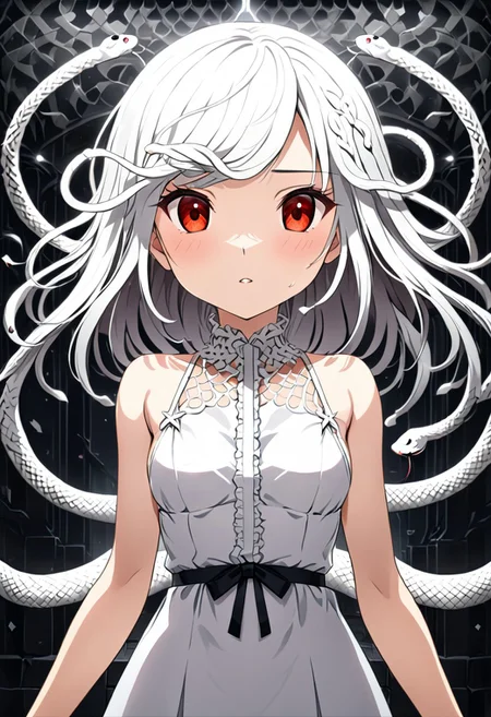 source anime, anime style, official art, "Sengoku Nadeko wrapped by a pale white snake around her neck, glowing under soft, eerie lighting, surrounded by detailed scales, mixed with a surreal and unsettling atmosphere, photorealistic textures." white_hair, red_eyes, medium_hair, snake_hair, small_breasts, WHITE DRESS, <lora:SDXLFaeTastic2400:0.4> <lora:extremely_detailed:0.4> extremely detailed, <lora:sn4ke:1>,sn4ke, Masterpiece,best quality,hi res,8k,hi res,8k,award winning,(sharp focus, intricate, highly detailed), rating:safe