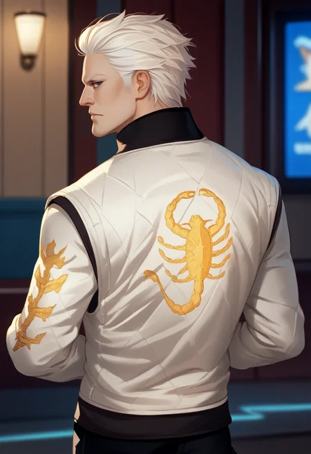 score_9, score_8_up, score_7_up, source_anime BREAK <lora:drivejacket-outfit-richy-v1_pdxl:1> print jacket, white jacket, from side, from behind, 1boy, solo, standing, <lora:dmc5_vergil_ponyXL-000005:0.8> dmc5vergil, white hair, looking back, looking at viewer