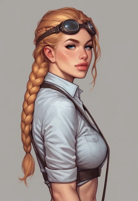 (((side view))). front view
detailed, volumetric lighting, 1woman, braided ginger-blonde hair, hair patterned bandana, ((miner goggles over the hair)), closed buttoned dark shirt, navel exposed, cargo shorts, suspenders, dirty face
((full-clothed)),
dynamic pose <lora:Cherry-Gig:0.55>
BREAK
((((post-apocalypse background)))) score_9, score_8_up, score_7_up, score_6_up, source_cartoon, rating_explicit, Expressiveh, (((((upper body))))), dynamic pose