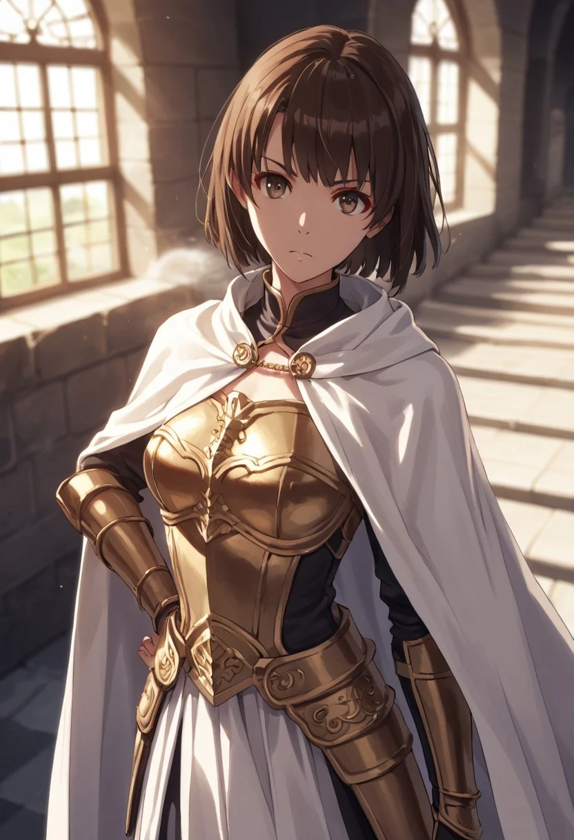 score_9, score_8_up, score_8, score_7_up, source_anime,
1girl, katou megumi, Megumi <lora:KatoMegumi:1>,brown hair,katou megumi,brown eyes, medium breasts , short hair, masterpiece, best quality,solo,looking at viewer, fantasy knight theme, medieval castle courtyard background, wearing light armor with gold accents, a flowing white cape, holding a silver sword with intricate designs, standing confidently, one foot resting on a stone step, sunlight reflecting off armor, determined expression, wind blowing cape and hair slightly, vibrant color palette, dramatic high-angle perspective, cinematic lighting, soft lens flare, depth of field, majestic and heroic atmosphere
