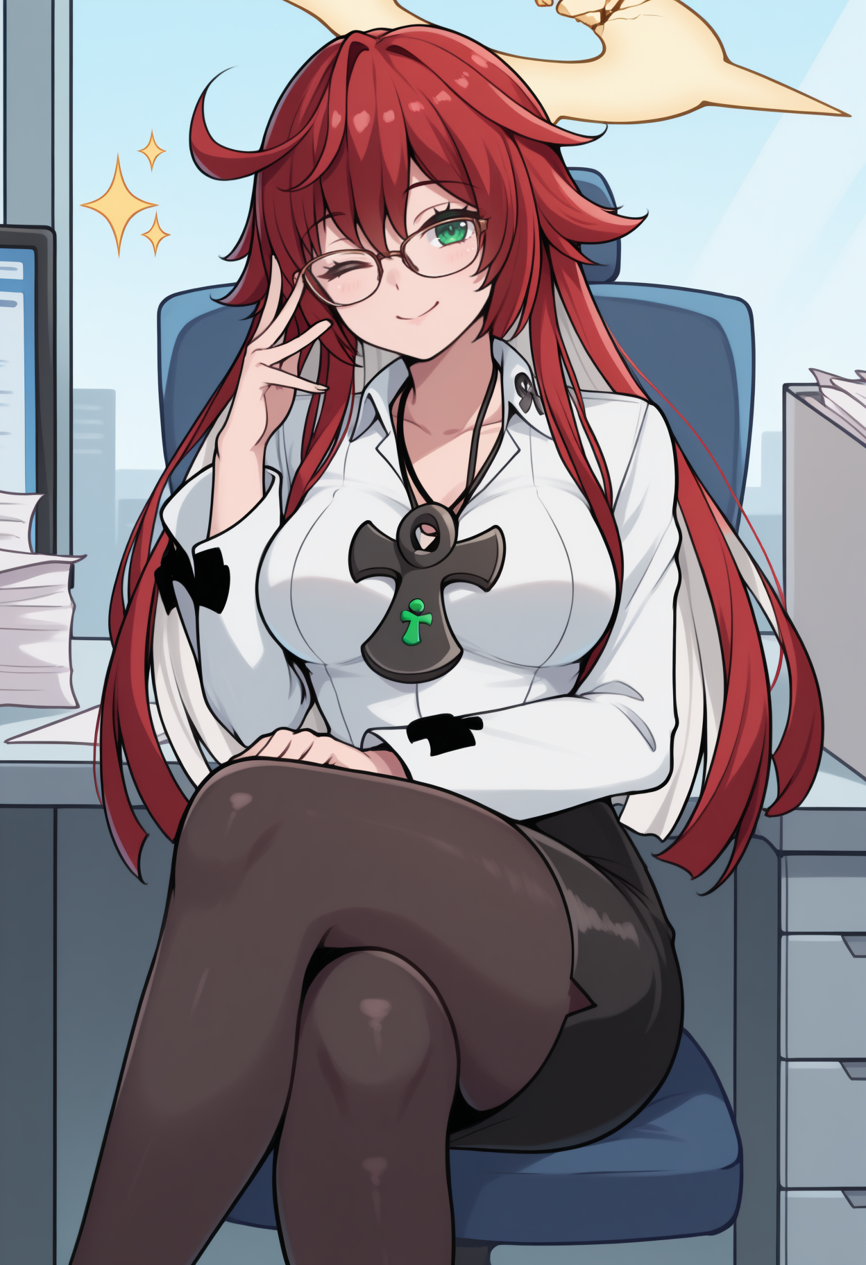 masterpiece, best quality, <break>  solo, 1girl, strivejkvtn, smile, looking at viewer, sitting, swivel chair, crossed legs, adjusting eyewear, long hair, colored inner hair, red hair, white hair, hair between eyes, blunt ends, compass rose halo, broken halo, green eyes, one eye closed, bespectacled, glasses, white shirt, collared shirt, long sleeves, black skirt, pencil skirt, black pantyhose, ankh, necklace, medium breasts, indoors, office, cubicle, paper, computer, sparkle
<segment:yolo-Anzhc Face seg 640 v2 y8n.pt,0.4,0.5//cid=1>