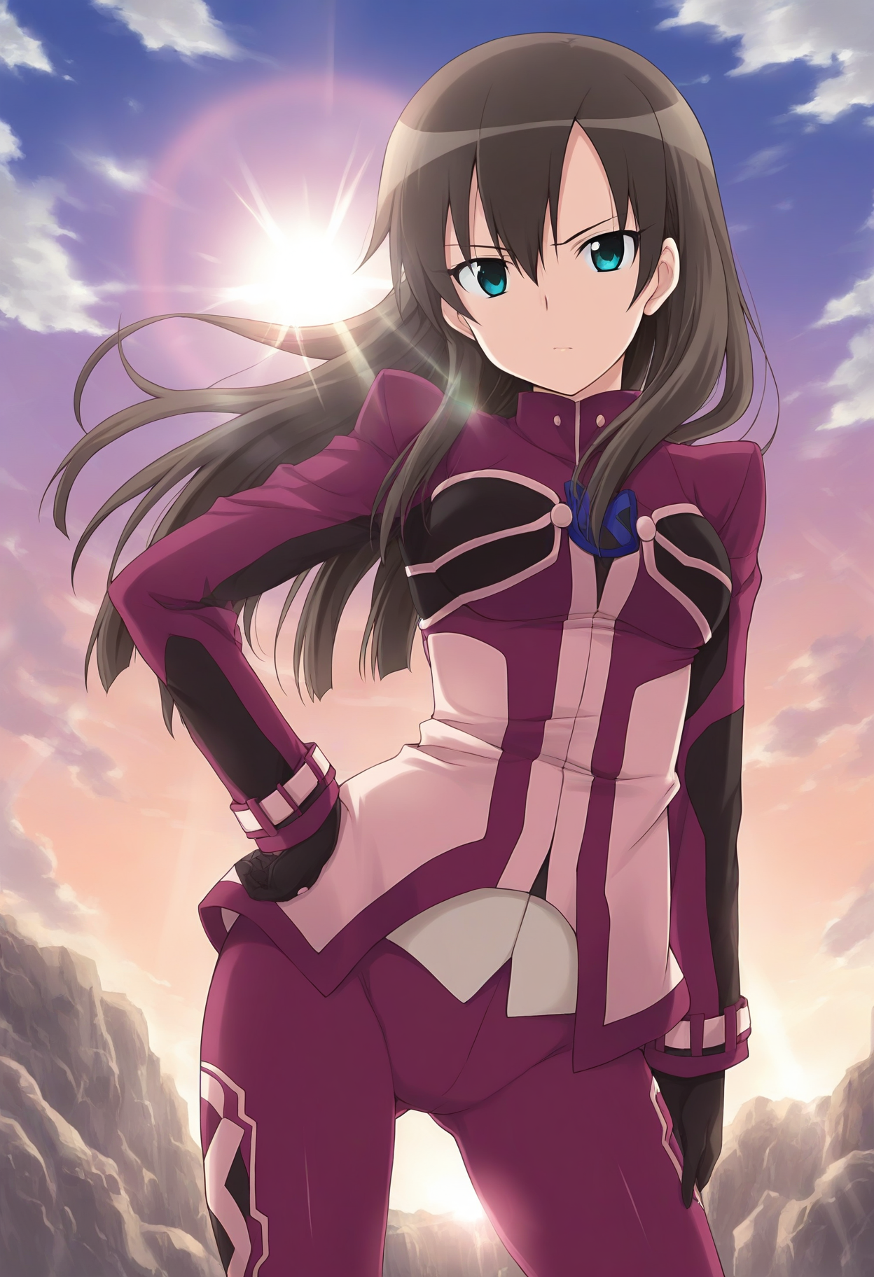 masterpiece, 1girl, solo, c-haru, brown hair, long hair, aqua eyes, pink jacket, pink legwear, long sleeves, black gloves, looking at viewer, outdoors, day, light rays, sun, sky, lens flare, hand on own hip,