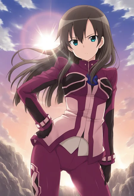 masterpiece, 1girl, solo, c-haru, brown hair, long hair, aqua eyes, pink jacket, pink legwear, long sleeves, black gloves, looking at viewer, outdoors, day, light rays, sun, sky, lens flare, hand on own hip,