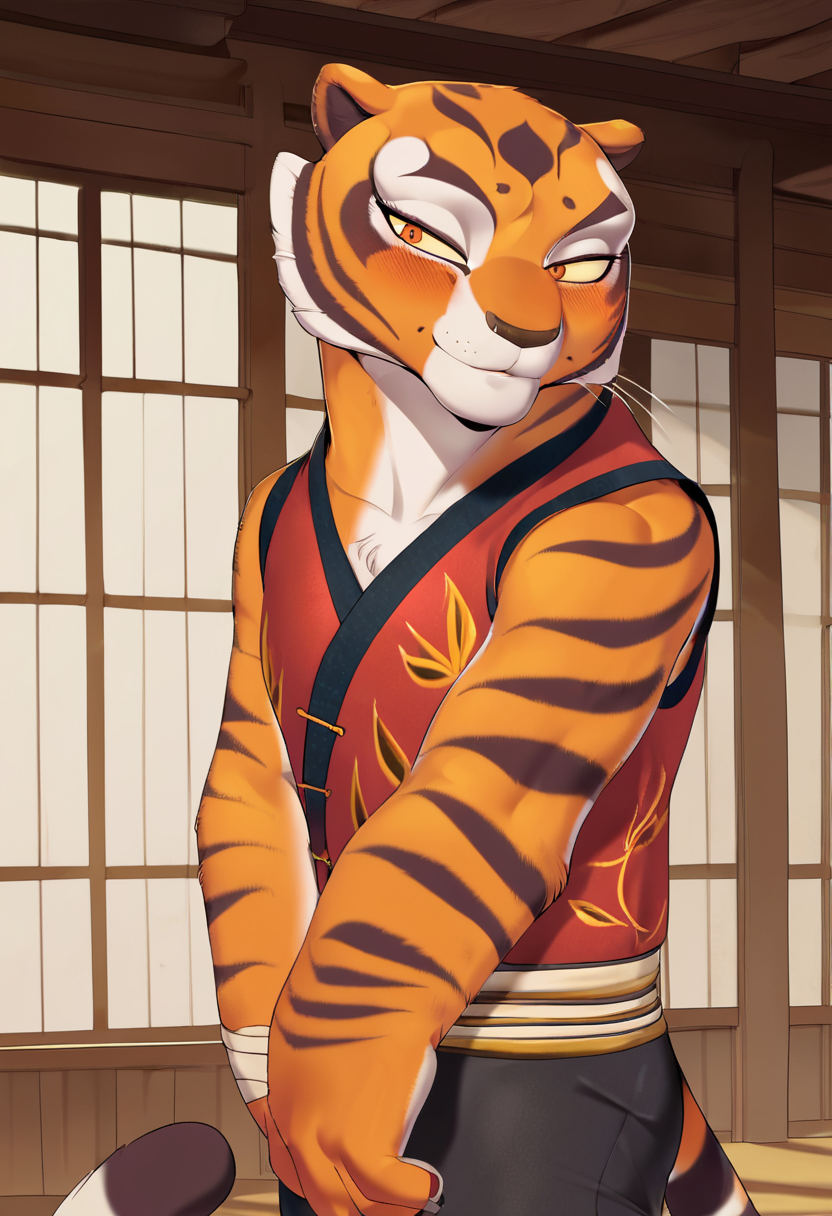 zPDXL, score_9_up, score_8_up,_7_up, score_6_up, score_5_up, score_4_up ,source_furry, best quality, amazing quality, masterpiece, 1girl, looking at viewer, solo,  blush, seductive smile, sexy pose, indoors, dojo, chinese architecture, master tigress, tiger stripes, amber eyes, tigress, tiger tail, animal ears, traditional red chinese vest, sleeveless, black silk pants, bandages, black sandals,  <lora:MasterTigress:0.8>,  cervina7, <lora:Cervina7:1>,   close, face focus, upper body