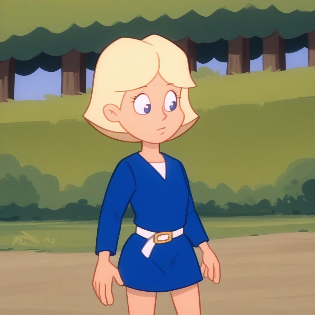 score_8_up, BREAK,  JillSmith, 1girl, solo, short hair, blonde hair, blue eyes, blue dress, long sleeves, white belt, striped white shirt,   <lora:JillSmith_MPM_PXL_Leaf1:0.8>, cowboy shot, outdoors,