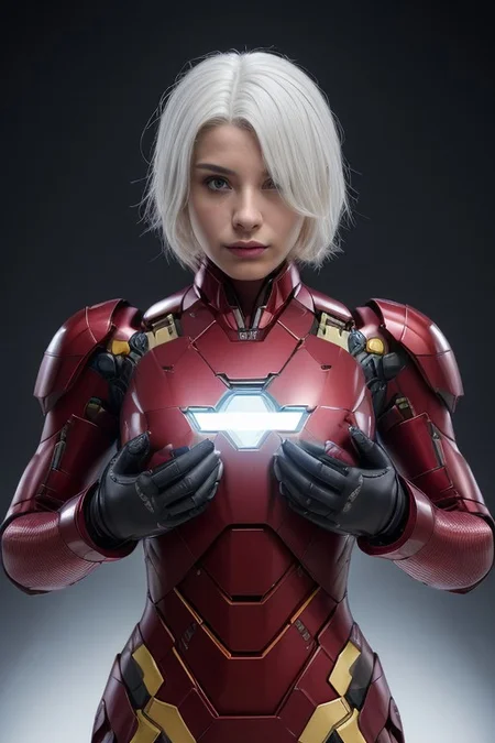 (((Suit design generate))), (masterpiece:1.2), (best quality:1.2), cinematic lighting, full hot body model, (((glowing nipples))), (iron heart suit), (iron man helmet), (blue metal suit), (red lace lingerie), pretty face, best quality, 8k resolution, belly muscle, big boobs, open chest, chest electric arc furnace, fire, skin texture, (((white hair))), (Lightting-shadow), focus on face, fired movie background, (((high quality machine detail))), (((((very good result))))), (((fighting action))), half-naked,