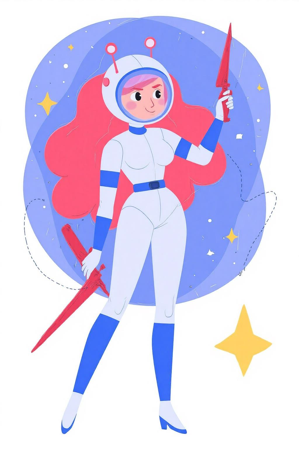 vector art.
A character is dressed in a white and blue space-themed outfit. They have long, flowing red hair and are wearing a helmet with a blue outline and two pink antennae-like protrusions. They are holding a red weapon in their right hand, pointed upwards. A yellow star is near the bottom right corner.
 <lora:vectorart1_cap_d6a3:1.0><lora:844061116620543740:0>