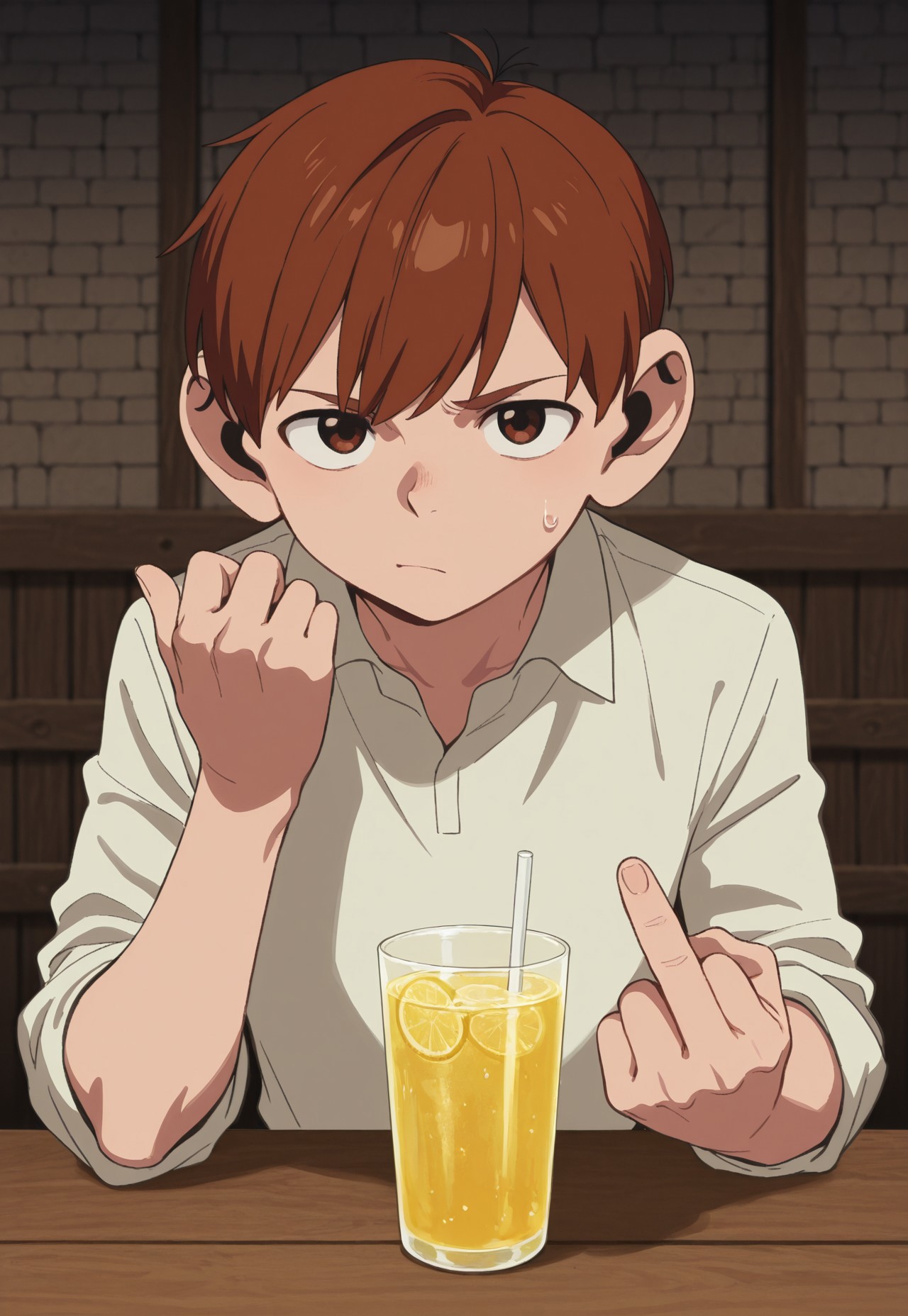 safe_pos, score_9, score_8_up, score_7_up, masterpiece, best quality, very aesthetic, absurdres, amazing quality, high resolution, ultra-detailed, volumetric lighting, newest, scenery, DunMeshi_Chilchuck, 1boy, solo, male focus, halfling, brown hair, short hair, brown eyes, CasualChil, white shirt, looking at viewer, middle finger, angry, sitting on a table, lemonade on table, tavern