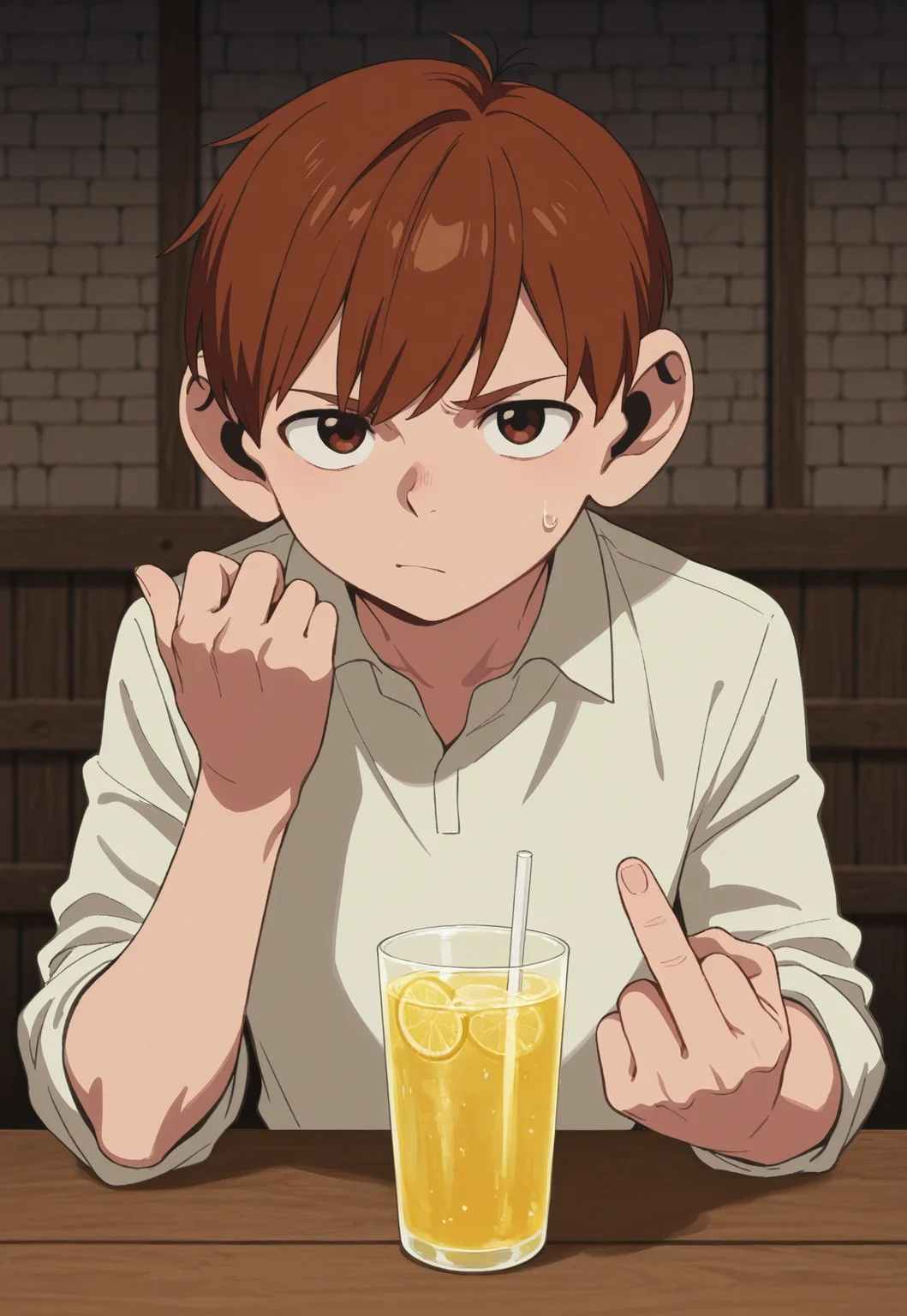 safe_pos, score_9, score_8_up, score_7_up, masterpiece, best quality, very aesthetic, absurdres, amazing quality, high resolution, ultra-detailed, volumetric lighting, newest, scenery, DunMeshi_Chilchuck, 1boy, solo, male focus, halfling, brown hair, short hair, brown eyes, CasualChil, white shirt, looking at viewer, middle finger, angry, sitting on a table, lemonade on table, tavern