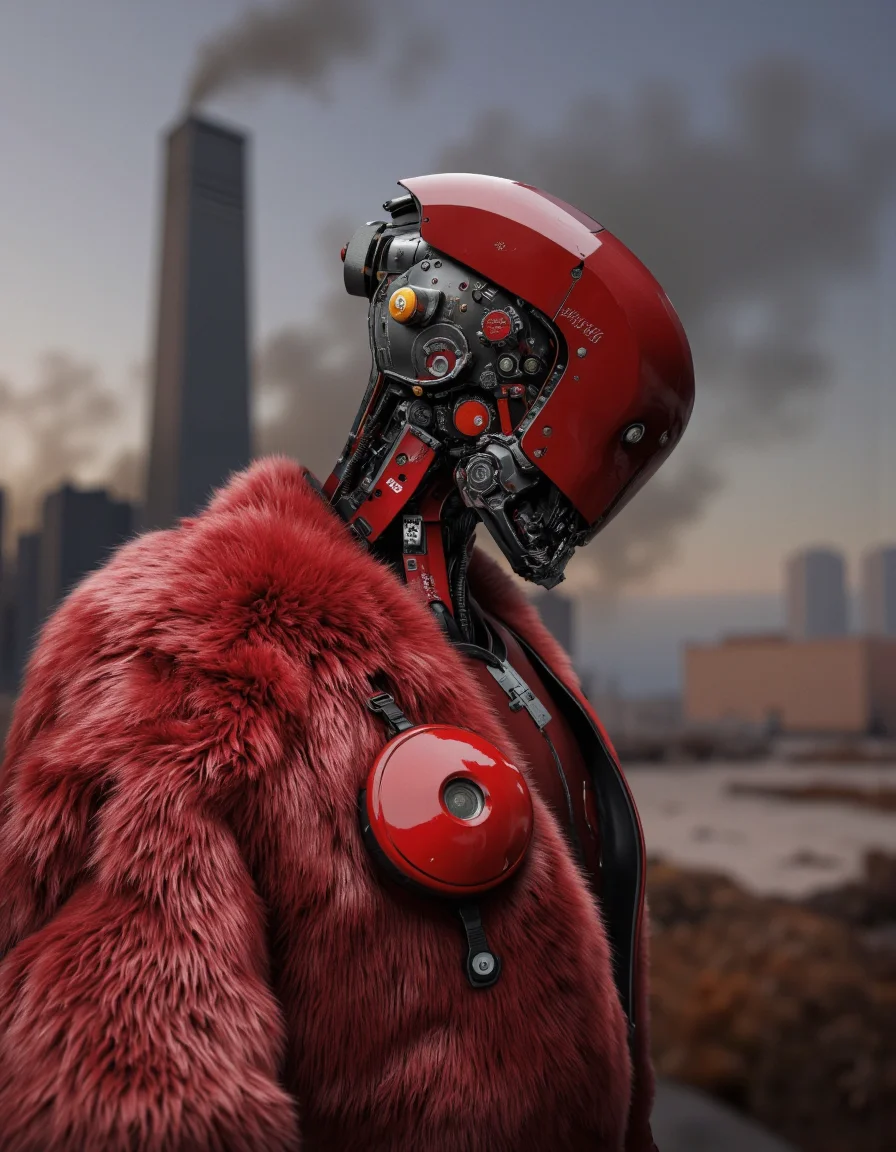 Daniel Hahn art. A photo-realistic shoot from a profile camera angle about a futuristic, red humanoid robot with a sleek design and intricate details, wearing a luxurious, red fur coat. the robot is positioned in the center of the image, facing away from the viewer, with its upper body visible. the background is a blurred, industrial setting with a smoky sky and a tall building in the distance, giving a sense of depth and dimension to the image. the image also shows a focus on the robot's design and features, making it a highly detailed and realistic representation of a humanoid robot. on the upper body of the robot, the robot appears to be wearing a fur coat, adding to the overall aesthetic of the scene. the overall mood is futuristic and sci-fi, with a focus solely on technology and design.
