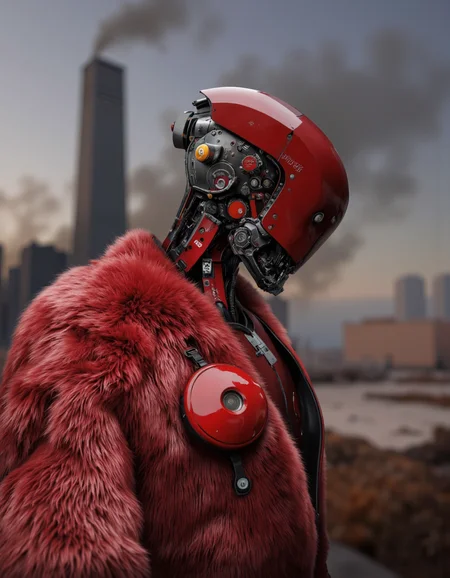 Daniel Hahn art. A photo-realistic shoot from a profile camera angle about a futuristic, red humanoid robot with a sleek design and intricate details, wearing a luxurious, red fur coat. the robot is positioned in the center of the image, facing away from the viewer, with its upper body visible. the background is a blurred, industrial setting with a smoky sky and a tall building in the distance, giving a sense of depth and dimension to the image. the image also shows a focus on the robot's design and features, making it a highly detailed and realistic representation of a humanoid robot. on the upper body of the robot, the robot appears to be wearing a fur coat, adding to the overall aesthetic of the scene. the overall mood is futuristic and sci-fi, with a focus solely on technology and design.