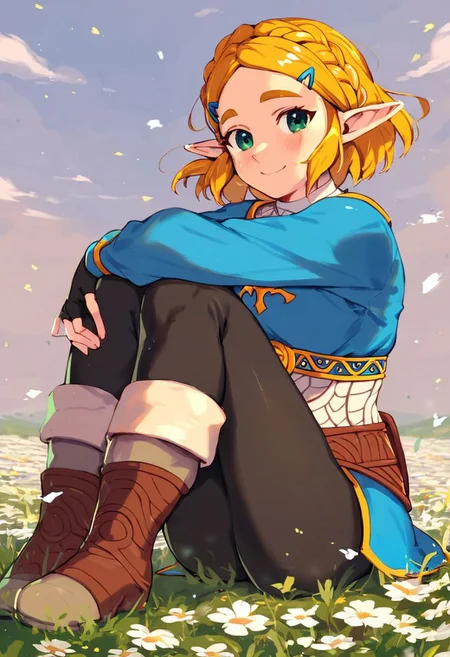 score_9, score_8_up, score_7_up, score_6_up BREAK solo,princess zelda,legend of zelda: breath of the wild,short hair,leggings,field,sitting,hugging own legs,slight smile,boots,wind,flowers,looking at viewer