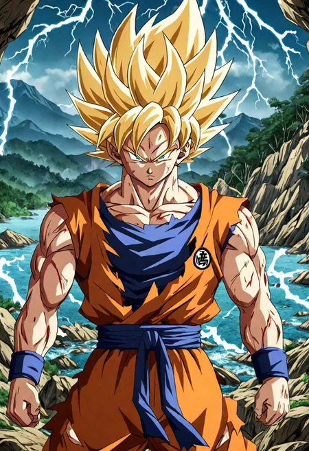 Portrait close( Son Goku Sayan Namek, Clothes 75% Broken,Serious:1.0), green eyes, Yellow hair, amazing background montains, forest, sea, nature, 8k detailed face, Lightning bolts,Preparing
