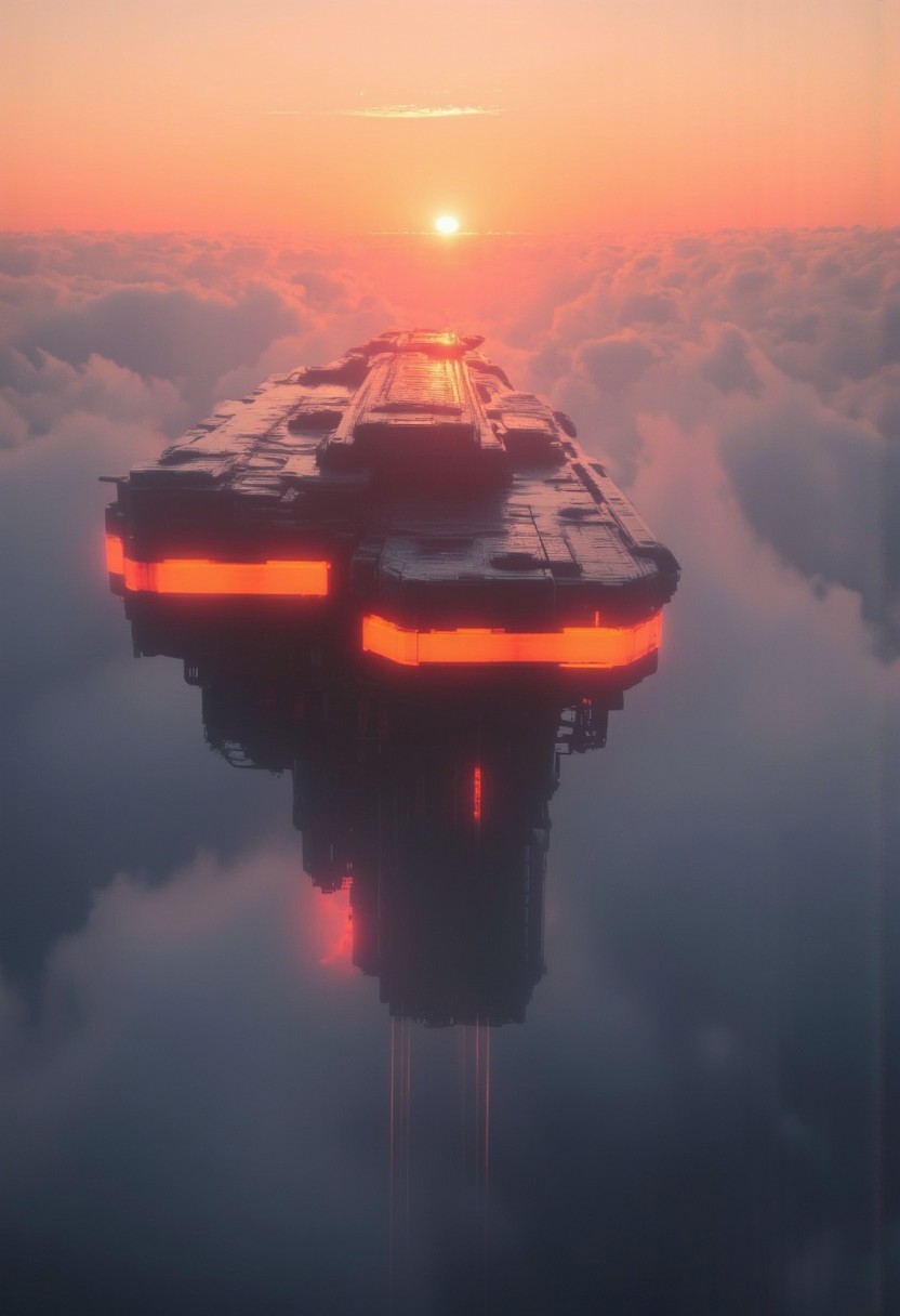 hyperdetailed digital artwork, DARK Fantasy, a moody scenery Landscape, a wide Angle Shot over a detailed massive flying sci-fi spacecraft, hyperdetailed Wind and Cloud effects, high speed, atmospheric lighting, oranate Style, translucent bleaked orange Highlights, atmospheric orange/pink sundawn behind billowing Clouds
