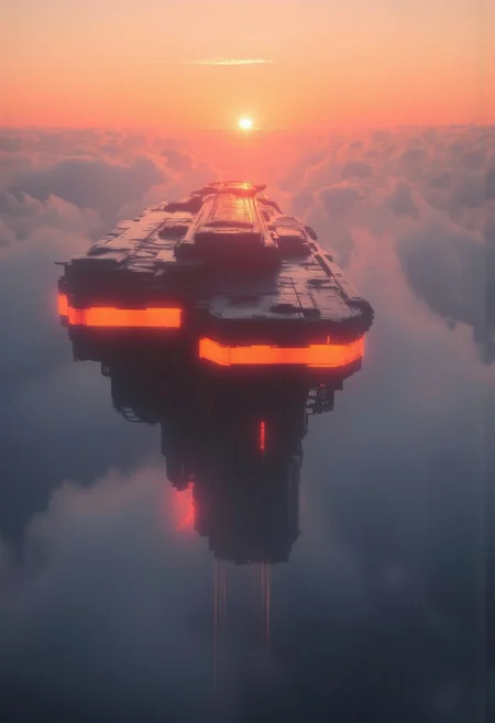 hyperdetailed digital artwork, DARK Fantasy, a moody scenery Landscape, a wide Angle Shot over a detailed massive flying sci-fi spacecraft, hyperdetailed Wind and Cloud effects, high speed, atmospheric lighting, oranate Style, translucent bleaked orange Highlights, atmospheric orange/pink sundawn behind billowing Clouds