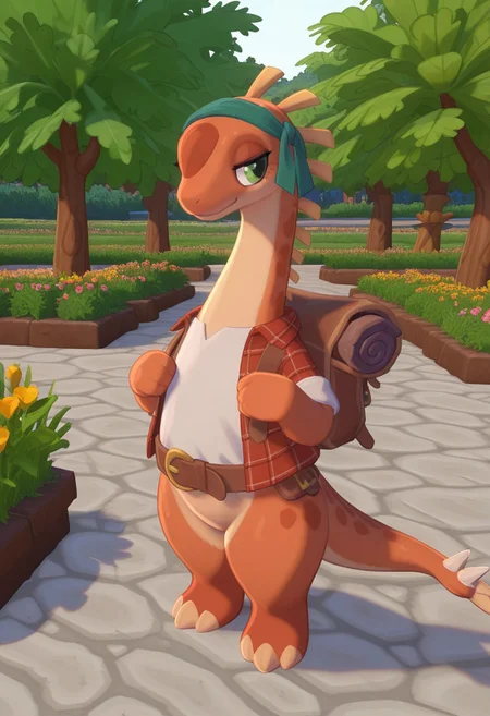 1girl, highres, absurdres, newest, masterpiece, best quality, furry, small tail, claws, fawn, female, Shunosaurus, orange skin, green eyes, 4 fingers, 3 toes, white t-shirt, red checkered shirt, belt, spikes on the head, spikes on the tail, backpack, green headband, detailed eyes, professional lighting, solo, seductive, masterpiece, close up, explicit, garden,