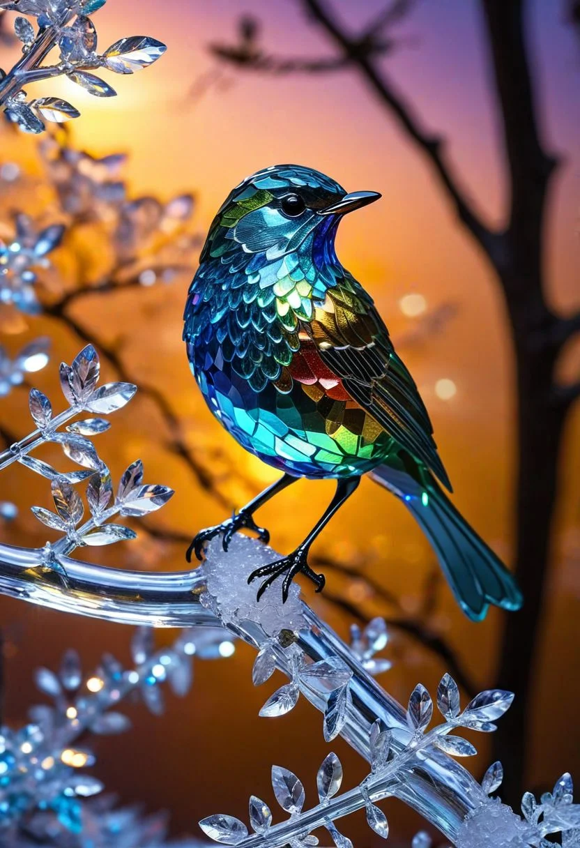 Highly detailed shot of an (((iridescence))) crystal sculpture in the shape of a European robin on a crystal tree branch, often associated with the arrival of spring. In folklore, the robin is sometimes depicted as a symbol of good luck or as a harbinger of news from the spirit world, vibrant background, full motion effects, diagonal view, crystal particles glittering, back light, ultra sharp focus, high speed shot, vibrant color, Bioluminescence, high quality