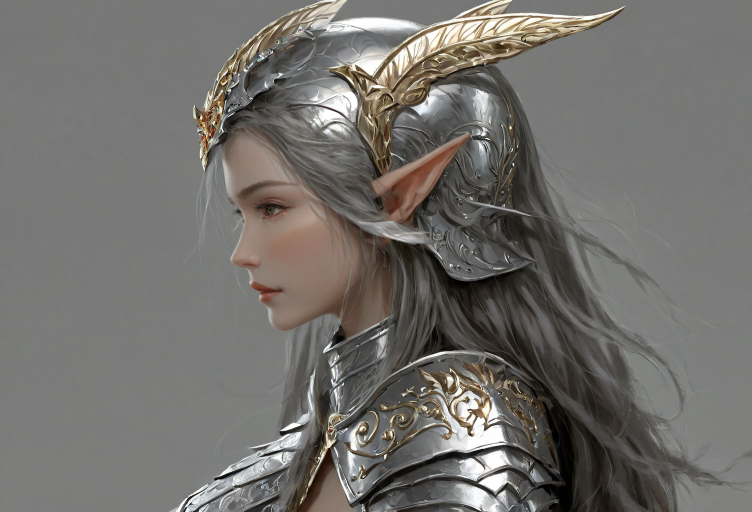 <lora:wlop_mobei:0.8>,wlop, The image portrays a female character with elf-like features, wearing intricately designed armor. She has long, flowing hair and is seen from a side profile. The armor is predominantly silver and gold, adorned with various patterns and motifs. Above her head, there's a halo-like structure. She wears a helmet with pointed ears and a chin guard. The armor covers her shoulders and chest, and she appears to be wearing a breastplate. The overall ambiance of the image is serene and majestic, with a neutral grey background.