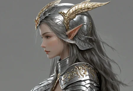 <lora:wlop_mobei:0.8>,wlop, The image portrays a female character with elf-like features, wearing intricately designed armor. She has long, flowing hair and is seen from a side profile. The armor is predominantly silver and gold, adorned with various patterns and motifs. Above her head, there's a halo-like structure. She wears a helmet with pointed ears and a chin guard. The armor covers her shoulders and chest, and she appears to be wearing a breastplate. The overall ambiance of the image is serene and majestic, with a neutral grey background.