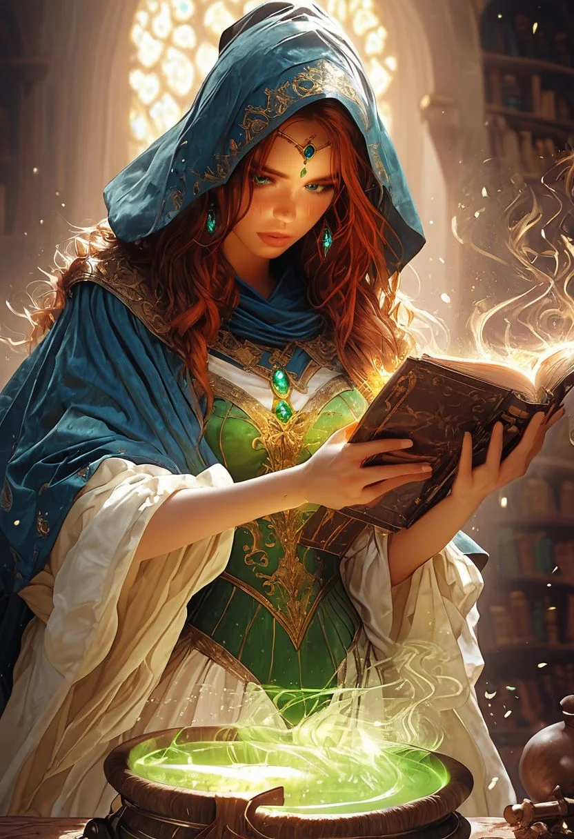 score_9, score_8_up, score_7_up, score_6_up, score_5_up, score_4_up, sorceress, casting magic spells, blue cloak with hood, green lace leotard, colorful eyes, freckles, copper hair, thighs, highly detailed, glossy lips, tomes in background, magic book, ritual, vials, potion, cauldron, leaning over counter, studying, loose clothes, front view looking down into shirt, showing, castle library, elf, mage outfit, fantasy, jewelry, diadem, earrings, forehead ornament, Bright colorful finger nails, cauldron, <lora:Fant5yP0ny:0.8>, <lora:Pony_Fantasy_Wizard__Witches_-_By_HailoKnight:0.8> hkmagic, fl0r4ll30, leotard, floral