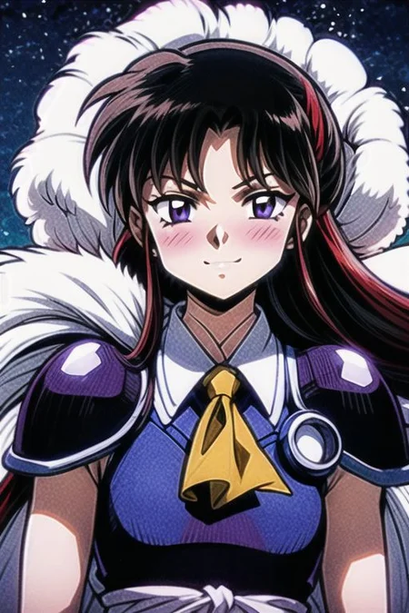 best quality 1girl Setsun4 solo long hair, (night time) forest background black hair very long hair purple eyes multicolored hair armor, small, (fur trim) (medium body),<lora:EMS-179-EMS:0.800000>,<lora:EMS-293862-EMS:0.800000> bow, hair_bow, hair_tubes, red_bow, brown_hair, long_hair, bangs, ascot, frilled_bow, yellow_ascot, blush, smile, hair_between_eyes, athletic, armor, miko, Smiling, happy,