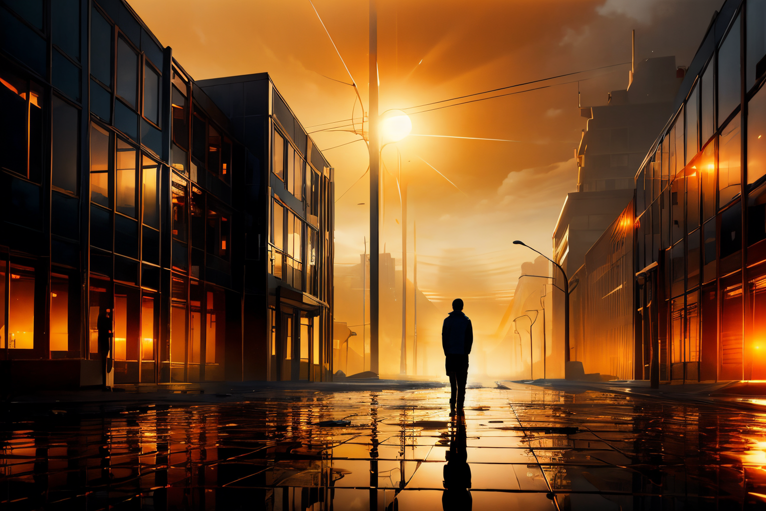 (Realistic:1.5) EdobHorrorLandscape , rain, scenery, building, 1boy, orange sky, lens flare, standing, sun, sun, landscape, <lora:EdobHorrorLandscape_v1.0:0.8>