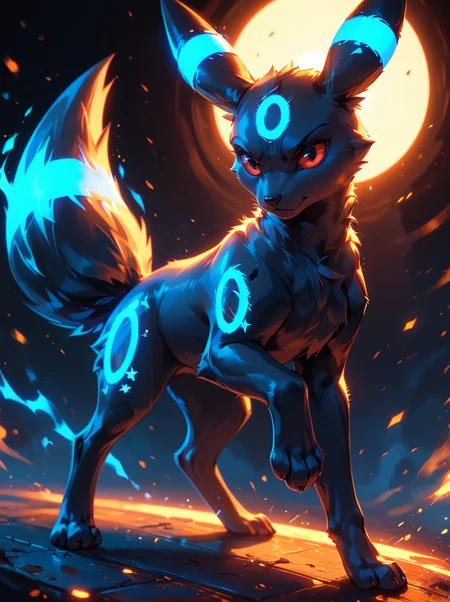 score_9, score_8_up, score_7_up, umbreon, stance, feral,blue glowing tattoo, raised leg, rimlighting, fur