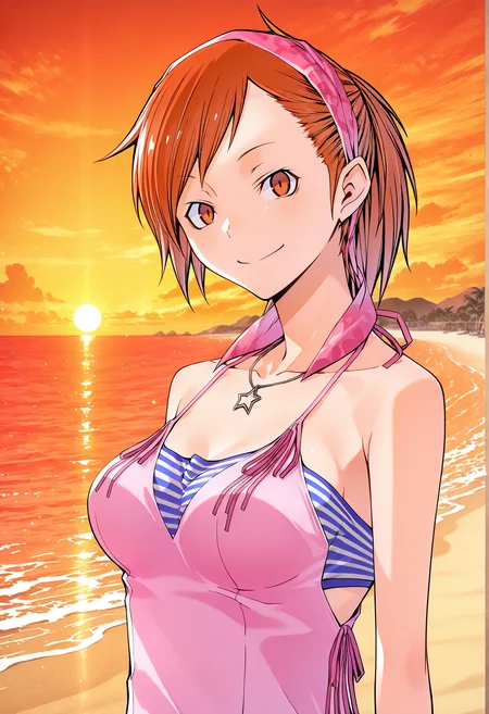 1girl, solo, tanigawa yuzu, devil survivor, pink camisole, star necklace, striped bandeau, upper body, beach, sunset, smile
<lora:Yuzu_Tanikawa-IL:1>