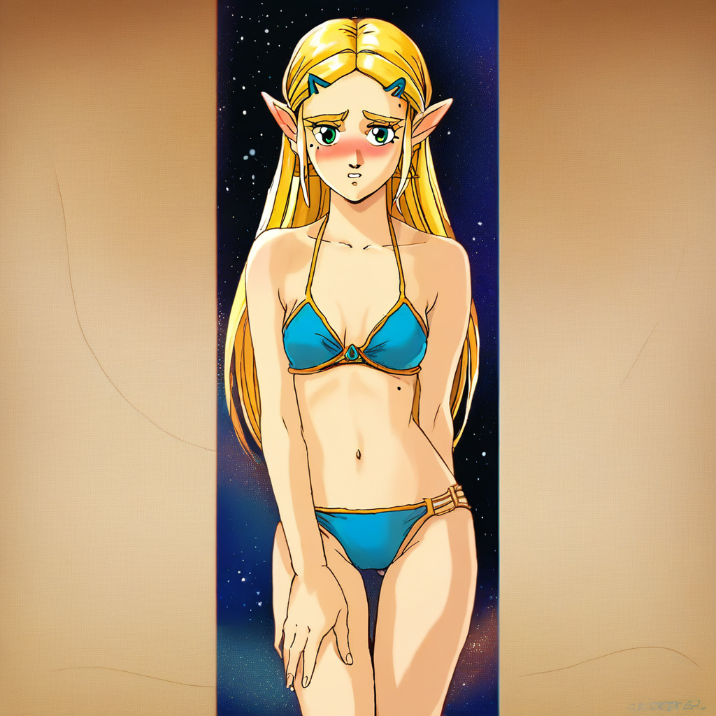 source_hentai, score_9, score_7_up, (R3TR0SC1F1), retro_artstyle, science_fiction, BREAK, Princess Zelda, long hair, (blonde hair), green eyes, perfect eyes, eyelashes, blonde eyebrows, blush, looking at viewer, rating_explicit, 1girl, solo, mole under eye, mole on thigh, earrings, navel, swimsuit, hoop, earrings, bikini, detailed background, space, earth_(planet)