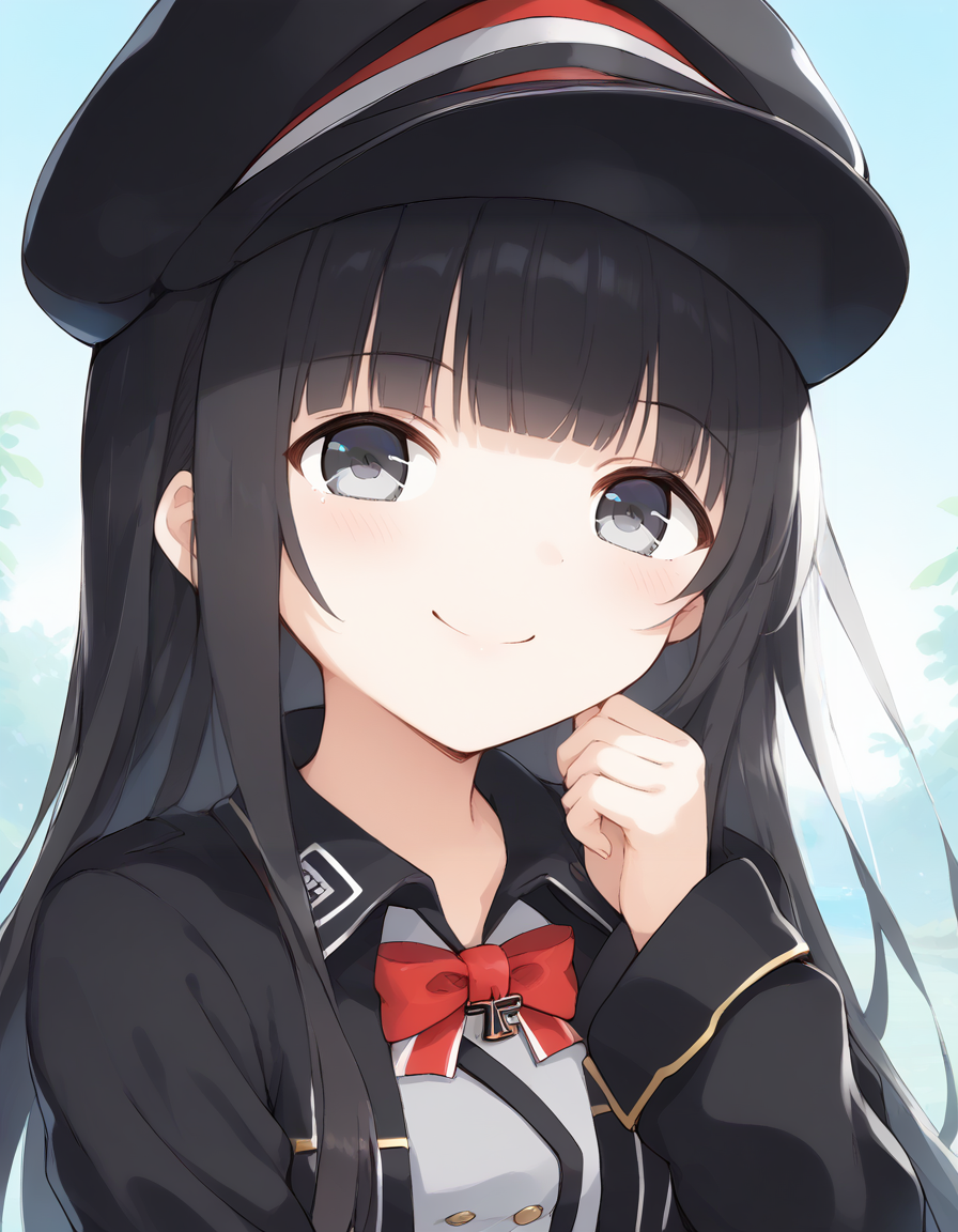 <lora:AzlaZ1819_SDXL_pony_fp16_ver02:1>,AzlaZ19,hat,black hair, long hair,gray eyes,blunt bangs,long sleeves jacket,bowtie,,smile,portrait, score_9, score_8_up, score_7_up, BREAK source_anime, rating_questionable, best quality, masterpiece, uncensored,<lora:pony_good_hands:1>,good_hands ,[pony diffusion V6 is trained by PurpleSmartAI:100]