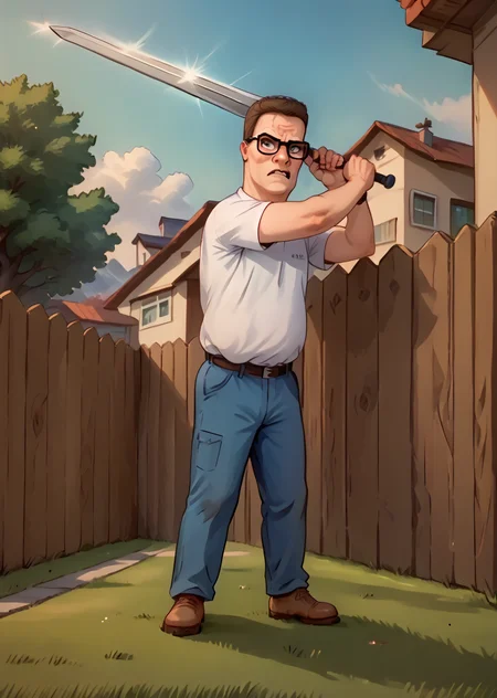 score_9, score_8_up, score_7_up, hank hill, outdoors, white shirt, glasses, solo, angry, looking at viewer, incoming vertical sword attack, full body, <lora:Hank_Hill:1> <lora:incoming_attack:0.8>