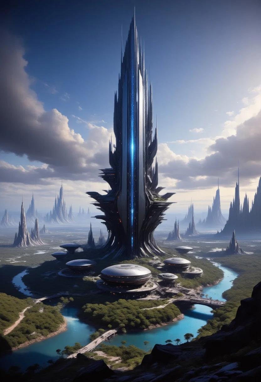 A futuristic cityscape at dusk. The central focus is an immense, towering skyscraper with a sleek, reflective surface that reflects the soft, ambient light of the setting sun. The building's design is futuristic, with a tapering top and a complex, organic base that seems to blend seamlessly with the landscape. In the foreground, a serene river runs through a valley lined with lush, green trees. Bridges and elevated walkways connect the base of the skyscraper to the surrounding buildings. The buildings in the foreground are more modest in size, with a mix of glass and metallic facades, indicating modern architecture. In the background, the cityscape stretches into the distance, showcasing a variety of skyscrapers and high-rises, some of which are needle-like, indicating a focus on verticality and density. The sky is a gradient of deep blues and purples, with scattered, fluffy clouds casting shadows on the buildings below. The overall color palette is cool and serene, with the soft lighting enhancing the futuristic, utopian atmosphere of the scene. big white moon in the background