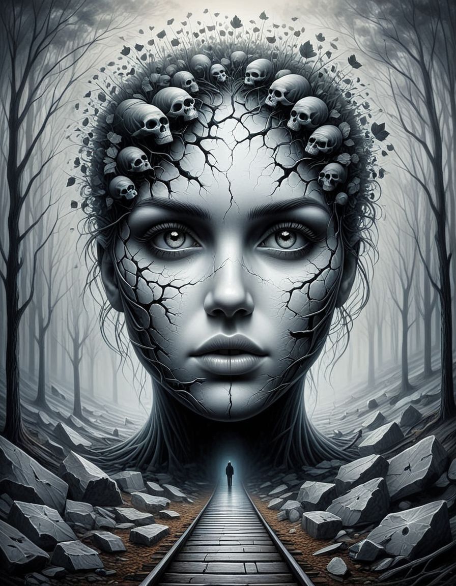 The image you've provided is a creative and thought-provoking piece of art. It seems to be a commentary on the human condition, possibly reflecting on the nature of identity and the complexity of the human psyche. The use of a staircase to represent the face is particularly striking, as it suggests a journey or a path to self-discovery. The choice of a monochromatic color scheme adds to the somber and introspective mood of the piece. It's a powerful visual metaphor that invites viewers to contemplate the layers of their own identity.(,digital art oil painting,ink,charcoal,double exposure)glass  painting<lora:luxart:1.2>