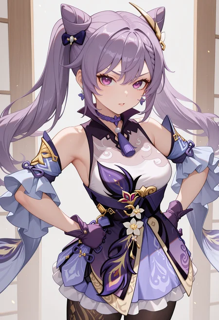 masterpiece, best quality, absurdres, highres, newest, 1girl, solo, <lora:keqing-gi-richy-v1_ixl:1> kqngdf, purple eyes, purple hair, long hair, twintails, double bun, cone hair bun, braid, hair between eyes, hair ornament, medium breasts, purple choker, neck tassel, purple dress, frills, detached sleeves, black pantyhose, purple gloves, earrings, parted lips, looking at viewer, v-shaped eyebrows, unamused, hands on hips