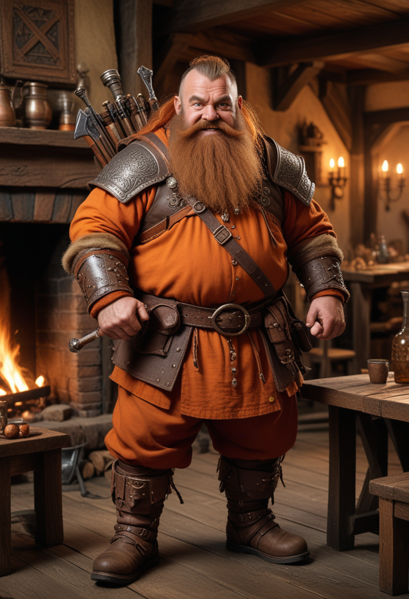 (medium full shot) of (fierce mountain dwarf) wearing a rusty orange warrior garb, iron boots with spikes, Dense ginger beard, gold amulet, wielding a heavy crossbow, set in  a lively tavern, with wooden tables, roaring fireplace, boisterous patrons, at dawn, Masterpiece,best quality, photo, realistic, very aesthetic, detailed face,