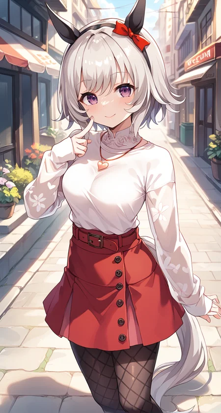 score_9,score_8_up,score_7_up,
official art,official style,game cg,megami magazine,
uncensored,
1girl,
crc casual, curren chan (umamusume),
animal ears, belt, black pantyhose, blush, bow, ear bow, ear covers,
fishnet pantyhose, fishnets, grey hair, hair between eyes, horse ears, horse girl,
pantyhose, purple eyes, red belt, red bow, red skirt, short hair, skirt,
sweater, white sweater, bangs, black hairband, eyebrows visible through hair,
hairband, highres, horse tail, long sleeves, see-through, see-through sleeves,
shirt, tail, violet eyes, sleeves past wrists, black legwear,
eyebrows behind hair, hair ribbon, headband, ribbon, silver hair,
jewelry, necklace, heart necklace,
standing,
<lora:umamusume_curren_chan_pony_v1.1:1>,