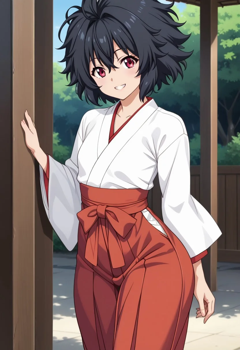 score_9, score_8_up, score_7_up, anime_screencap, source_anime, 1080P,, (realistic) , deep skin,, high quality, highres, , 1girl, (curvy), ((wide hips)),, ((thick thighs)), cute, small breasts, Garandou Sara,, black hair, messy hair, short hair, red eyes, hakama, hakama skirt, japanese clothes, long sleeves, white miko,, red skirt, smile, outside