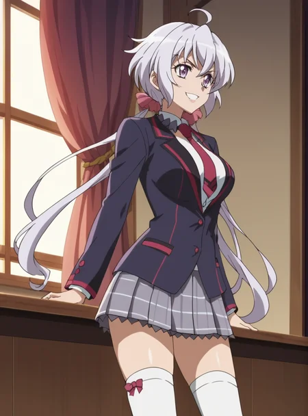 score_9, score_8_up, score_7_up, score_6_up, score_5_up, score_4_up, BREAK source_anime, masterpiece , anime screencap, anime_lineart anime coloring, <lora:YukineChris:0.8>yukinechris, long hair, purple eyes, twintails,low twintails, ahoge, large breasts, indoors, school uniform, blazer, necktie,smile, white thighhighs,