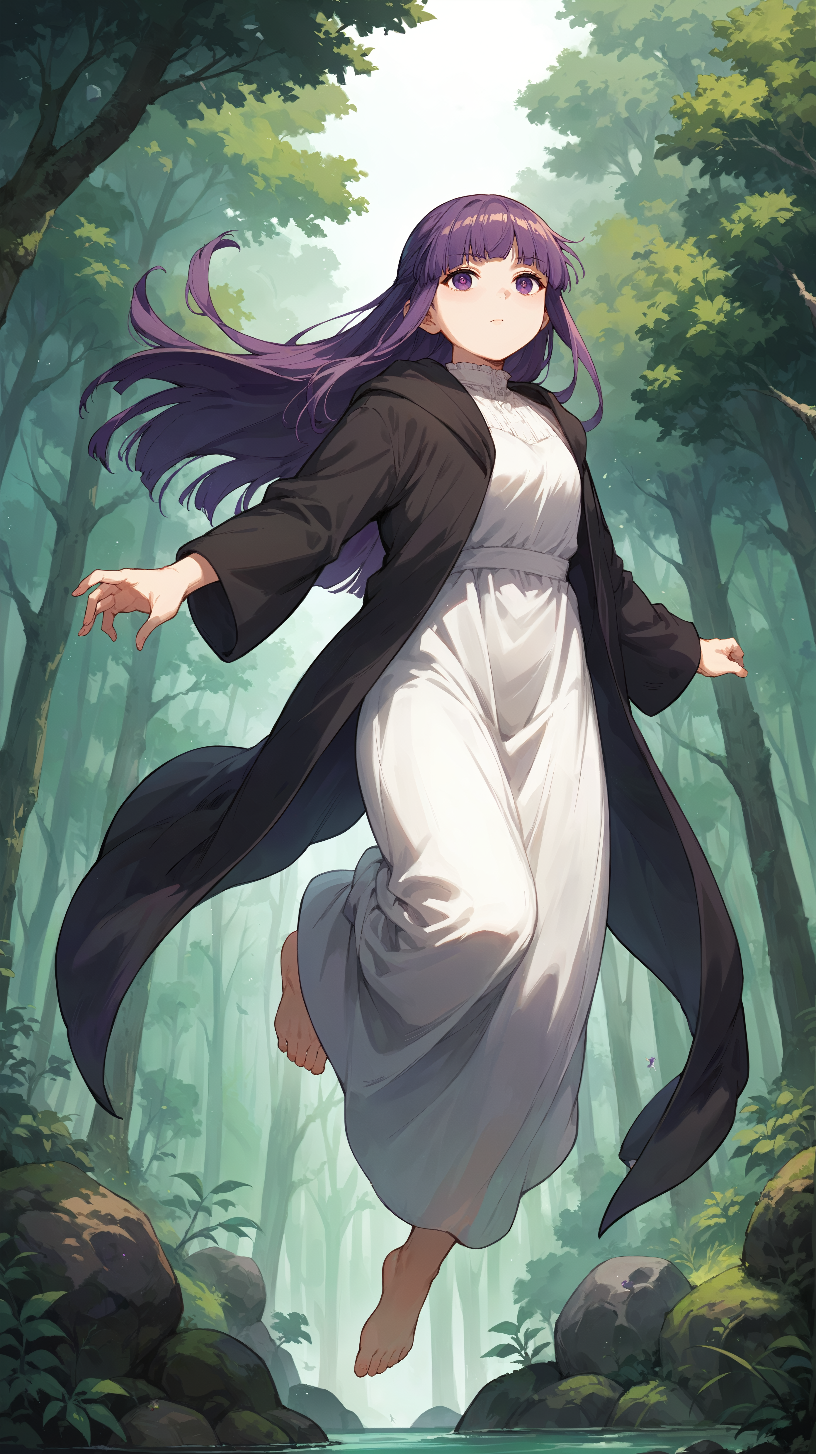 score_9,score_8_up,score_7_up,score_6_up, <lora:xl_more_art-full_v1:0.5>, source_anime, girl, dynamic pose, jumping, <lora:Fern - Pony:0.8>, long hair, purple hair, blunt bangs, sidelocks, purple eyes, white dress, black robe, long robe, forest, overgrown, deep forest, thick vegetation, ivy, boulder,