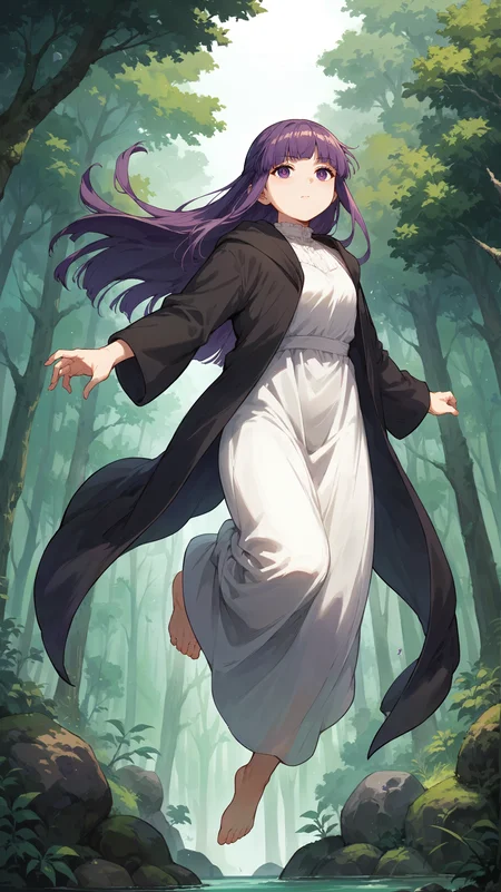 score_9,score_8_up,score_7_up,score_6_up, <lora:xl_more_art-full_v1:0.5>, source_anime, girl, dynamic pose, jumping, <lora:Fern - Pony:0.8>, long hair, purple hair, blunt bangs, sidelocks, purple eyes, white dress, black robe, long robe, forest, overgrown, deep forest, thick vegetation, ivy, boulder,