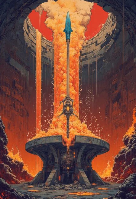 A colossal weapon forge set deep within a volcanic cavern, centered around a glowing obsidian anvil surrounded by rivers of molten lava. ( A Golden spear with blue crystal head floating aboe the forge),Cascading lava falls illuminate the chamber in hues of fiery orange and gold, while intricate magma channels snake across the stone floor, feeding into the forge's blazing core. The anvil is etched with ancient runes glowing faintly, and massive blacksmithing tools hang on the walls, forged from dark steel. Sparks fly as weapons are shaped in the heat, the atmosphere alive with the roar of molten fire and the ringing of hammer on metal, a masterpiece of craftsmanship in an uninhabitable inferno